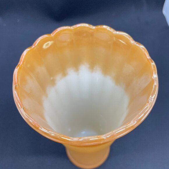 Vtg. mcm FIRE KING Peach Luster Vase ~ Ribbed w/ Scalloped Edge - 7¼" Tall - Picture 2 of 3